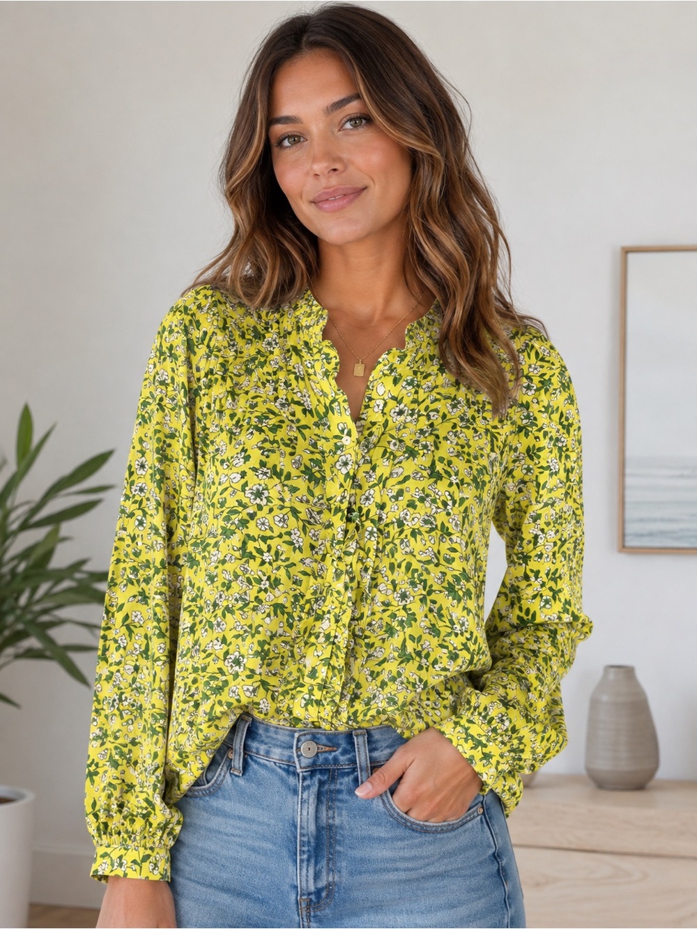 Banjanan Jennifer Shirt Blouse Size small Audrey Sprig Aurora Floral Print Yello
